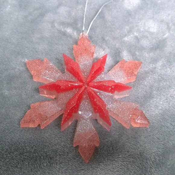 Handmade Resin Ornaments Glitter Snowflake Red & Silver Glitter Set Of 2 - Picture 5 of 6
